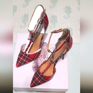 Jessica Simpson Wintelle Red Combo Academy Plaid Pumps Shoes Heels Size 8, NIB